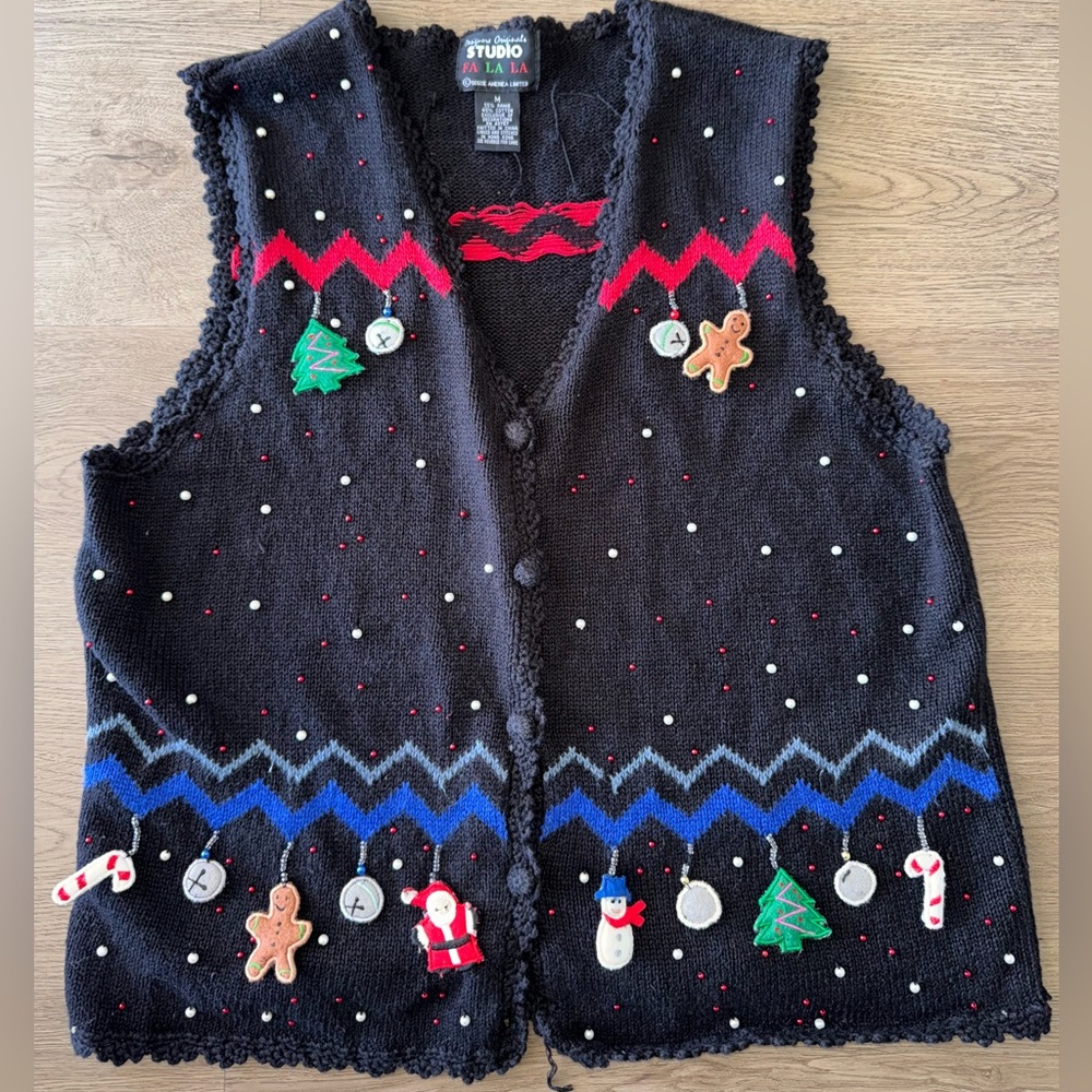 Vintage Black Festive Christmas Holiday Winter Embroidery Vest Santa Claus Sz M